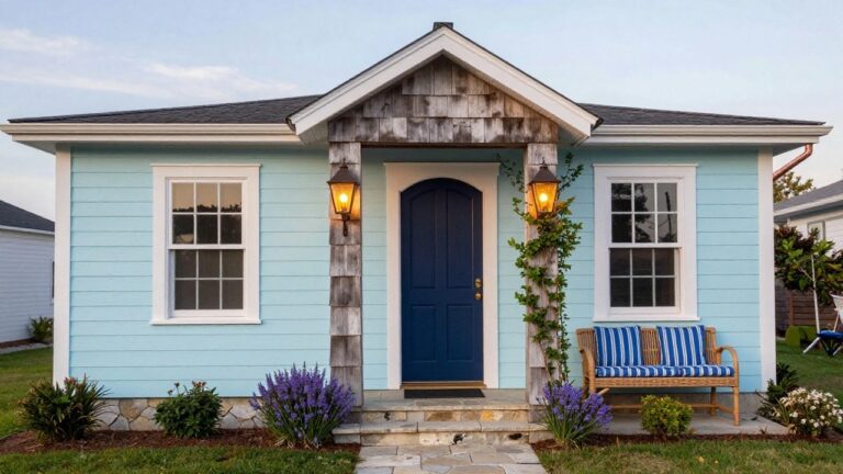 Light blue shingle-clad house corner with turquoise arched front door flanked by two lit bronze lantern sconces, white trim, copper downspout, climbing white roses, potted plants, wicker bench with blue cushion, and stone steps.