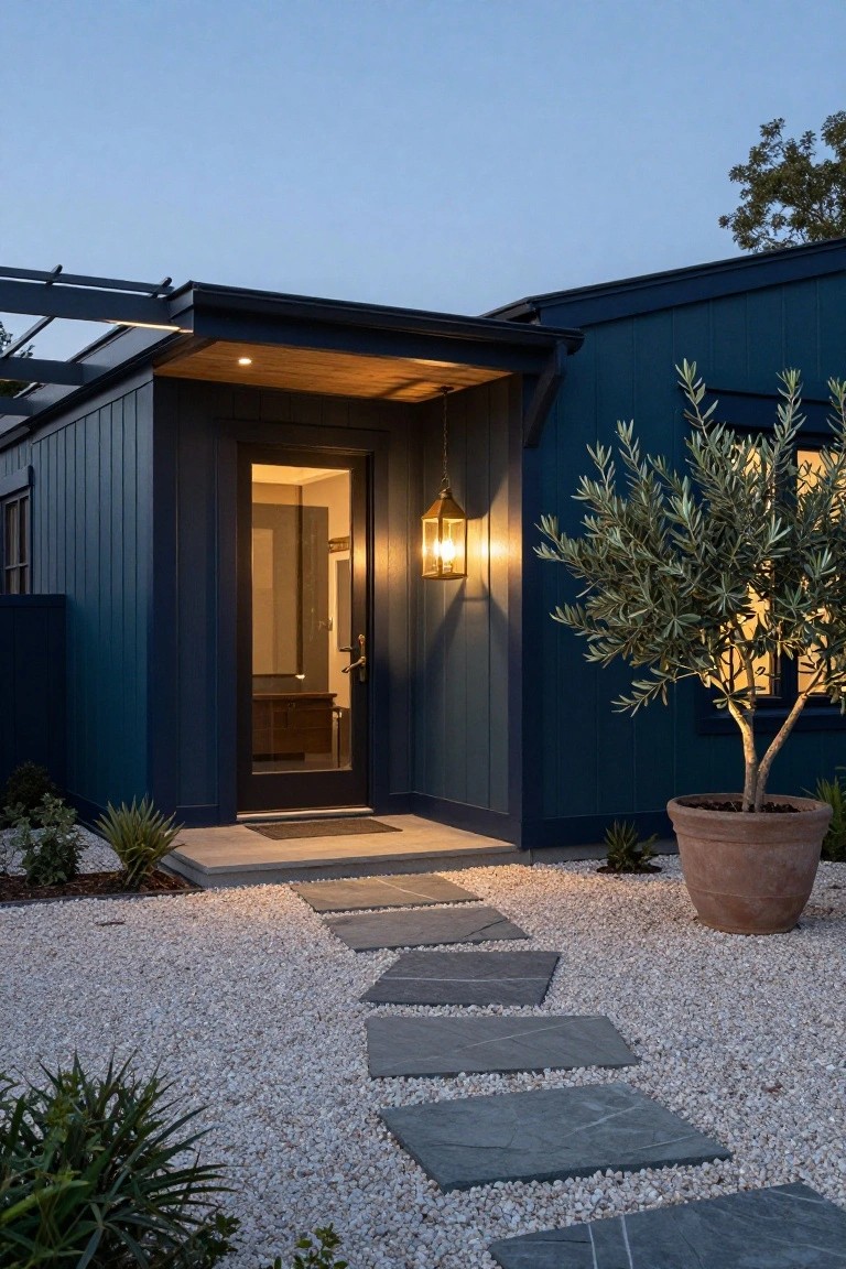 Navy blue vertical board-and-batten house exterior with dark wood entry door and glass panels, illuminated by brass wall lantern sconce, stone stepping path through white gravel yard, olive tree in terracotta pot nearby.