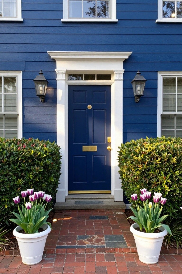 Navy blue clapboard house exterior with dark blue front door, white trim and pediment, flanked by black lanterns, boxwood shrubs, white pots of pink tulips, and brick entry path.