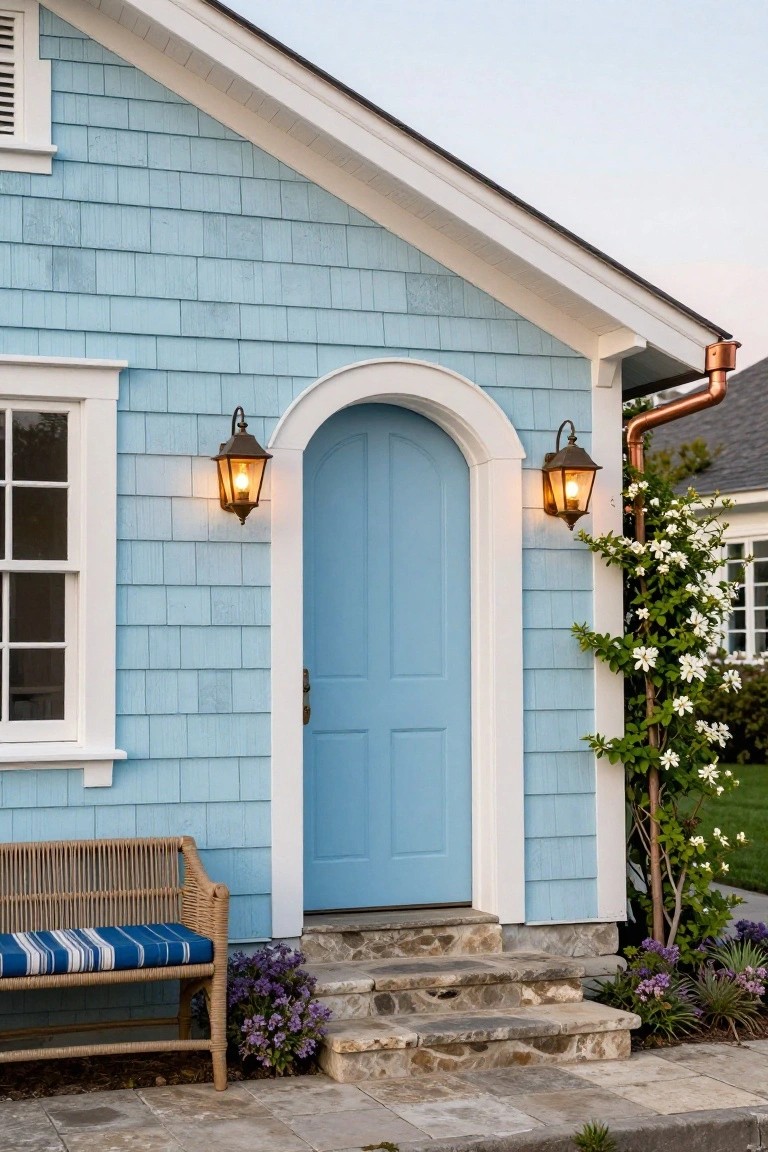 Light blue shingle-clad house corner with turquoise arched front door flanked by two lit bronze lantern sconces, white trim, copper downspout, climbing white roses, potted plants, wicker bench with blue cushion, and stone steps.