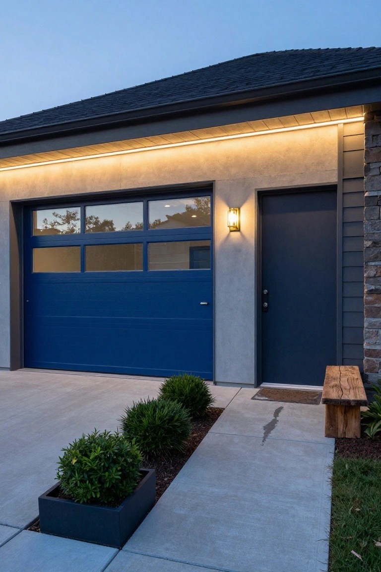 House exterior at dusk featuring a blue garage door, under-eave linear LED lighting, stucco and stone siding, dark wood entry door with wall sconce, black planters with boxwood shrubs, concrete driveway, and wooden bench.