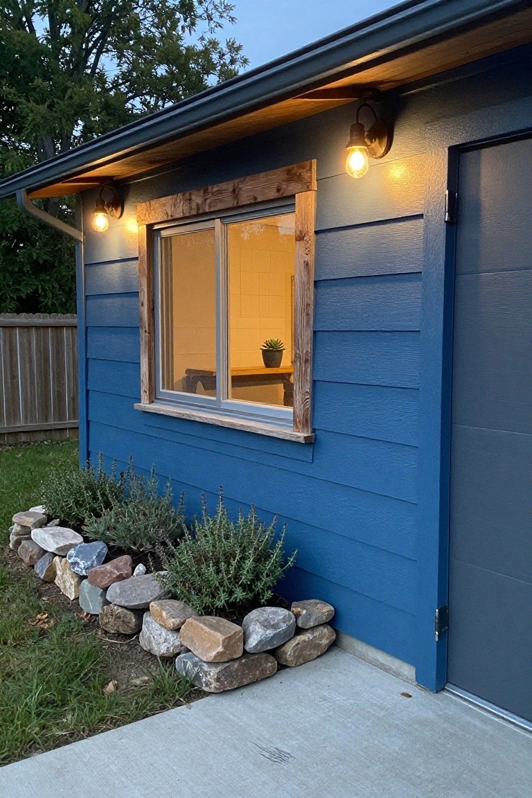 Blue wood-sided garage exterior with gray garage door, wood-framed window showing interior tile wall and potted succulent, two black wall-mounted lantern lights with glowing exposed bulbs, rock-edged lavender plants, and concrete walkway at dusk.