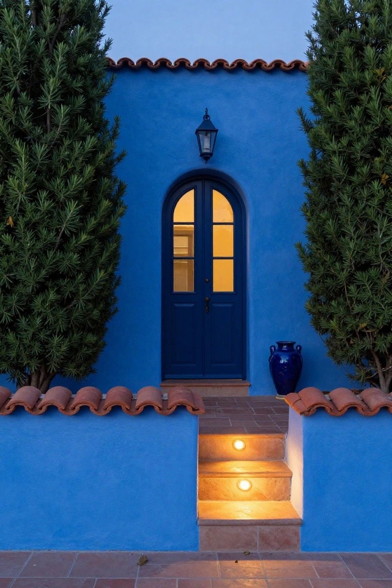 Blue stucco exterior wall with arched navy double door flanked by tall cypress trees, terracotta roof edge above, wall lantern, blue ceramic pot, and lit terracotta steps leading to the entry at dusk.