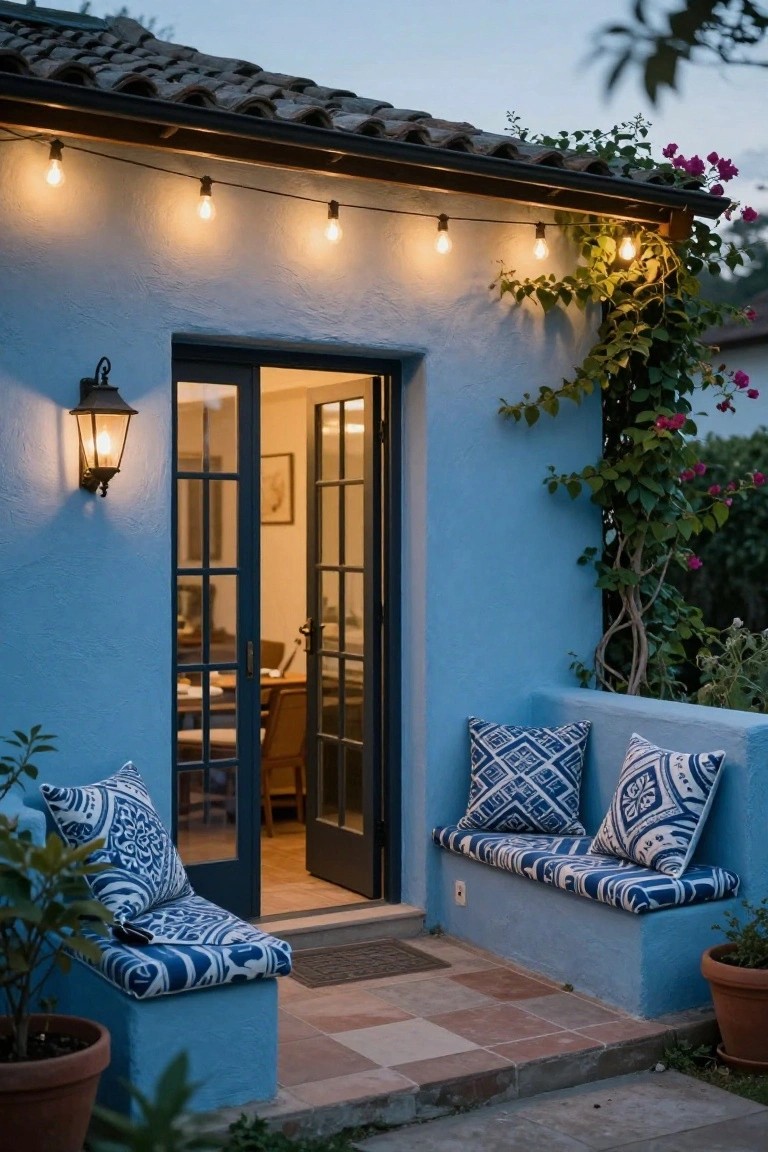 Blue stucco house exterior at dusk with open glass doors, wall lantern lit beside the entry, string lights overhead along the eaves, built-in bench with patterned cushions, climbing vines, potted plants, and tiled steps.