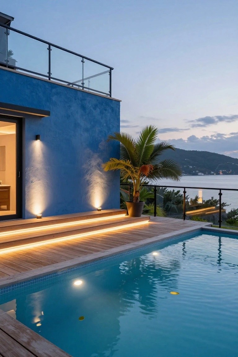 Blue textured stucco house wall with open glass sliding door, two ground uplights illuminating the wall, wooden deck steps with LED strips leading to turquoise pool, potted palm tree, glass railing, and hillside lake view at dusk.