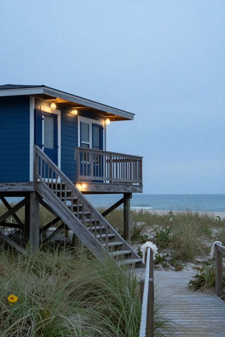 Blue wooden beach house elevated on stilts with warm hanging lantern lights under the eaves, on stairs, and deck, surrounded by dune grass and overlooking the ocean at dusk.