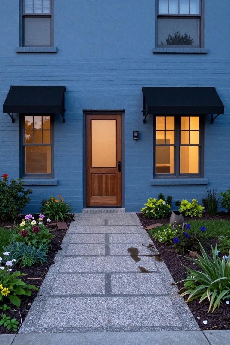 Front view of a two-story blue brick house with a wooden panel door at the entry, black awnings over flanking windows, illuminated interior lights, a gray stone pathway, and low garden plantings with flowers along the sides.