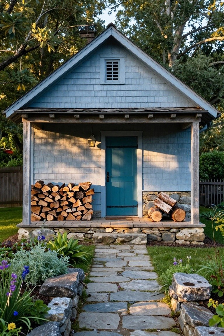 Small blue shingled shed with covered porch, turquoise front door, stacked firewood piles, stone pathway, plants, and trees in a garden setting.