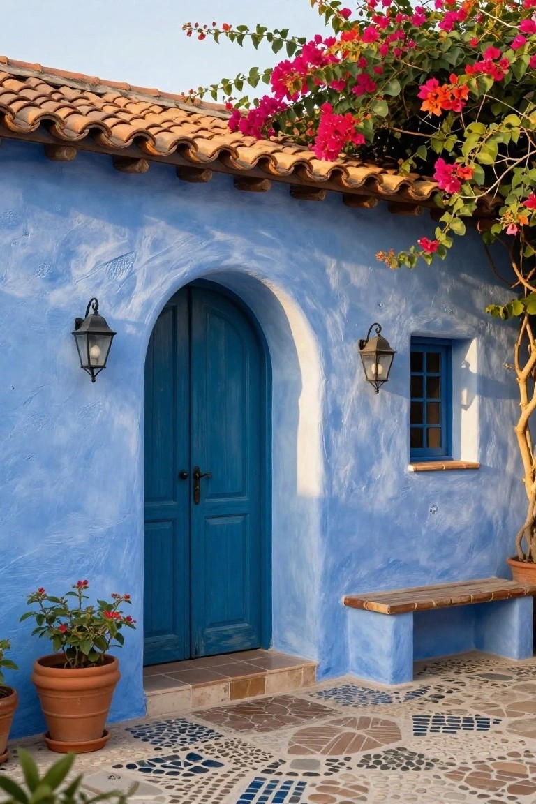 Bright blue stucco house facade with arched blue wooden door, iron lanterns on each side, small blue window, climbing pink bougainvillea on terracotta tile roof, potted red flowers, wooden bench, and colorful tile patio floor.