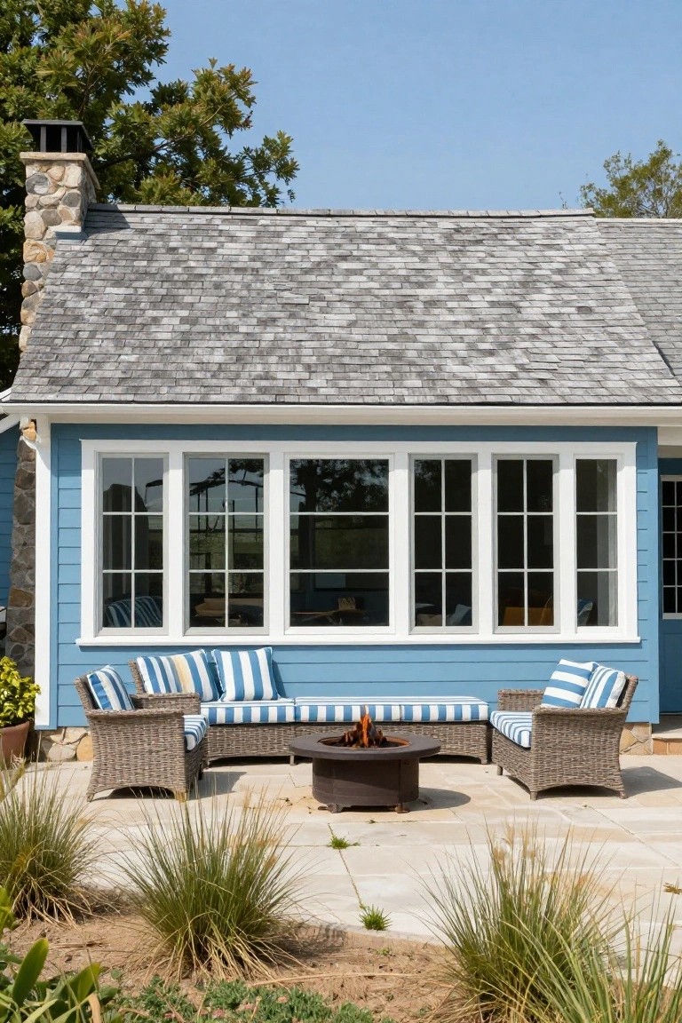 Blue clapboard house exterior with stone chimney base, gray slate shingle roof, large white-trimmed multi-pane windows, and adjacent paver patio with beige wicker sectional sofa featuring blue-and-white striped cushions arranged around a round black fire pit with flames, edged by ornamental grasses.