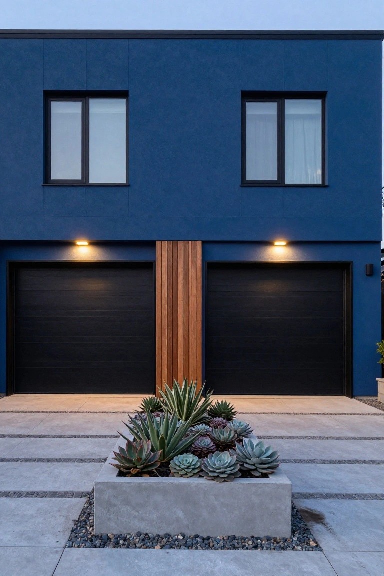 Modern house exterior with deep blue stucco siding, two black garage doors flanked by vertical wooden panels, lit wall sconces, two front windows, and a concrete planter box of succulents centered on a pebbled concrete driveway.