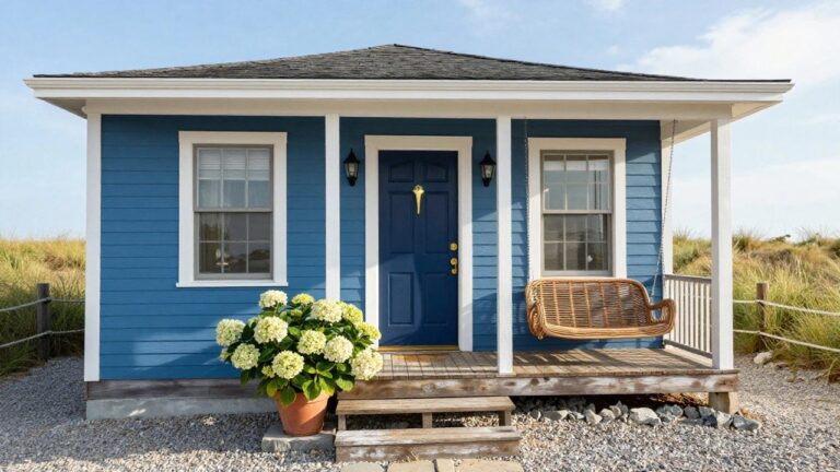 18 Blue House Exterior Paint Ideas That Transform Any Home Light blue shingled house exterior with white trim and porch, navy blue front door, hanging lanterns, woven porch swing, potted hydrangeas on wooden steps, rope fencing, beach grass, and gravel path.