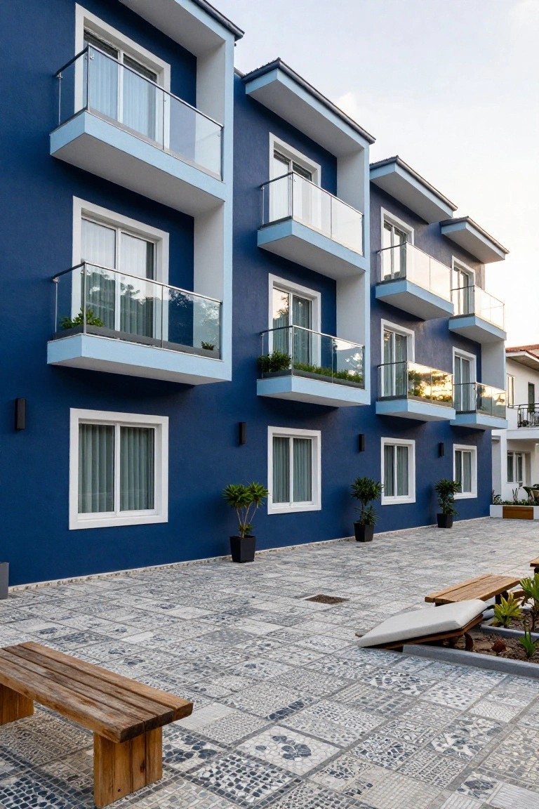 Multi-story house exterior painted in navy blue with lighter blue balcony undersides and white-framed windows, featuring glass railings, potted plants, and a pebble-tiled courtyard with wooden benches.
