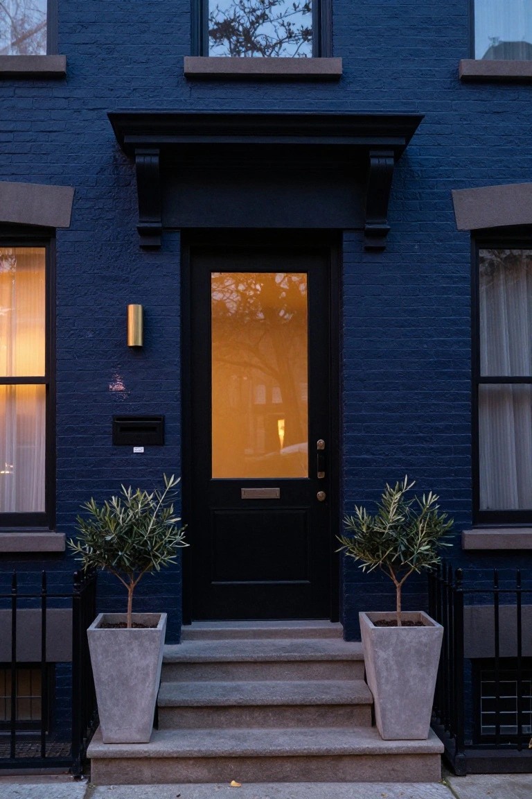 Dark navy blue brick townhouse facade with central black front door featuring glass panel, gold wall light, potted olive trees on either side, and short stone steps leading to the sidewalk.