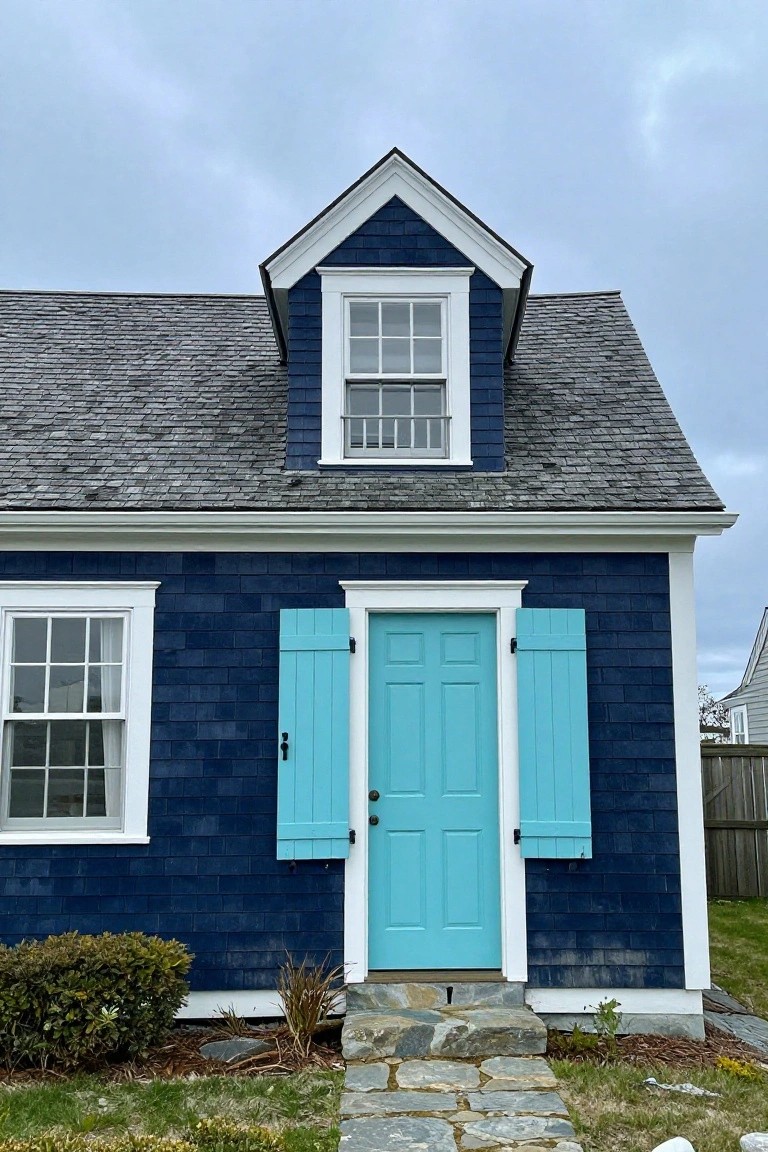 Navy blue shingle-sided house with white trim, turquoise front door and matching shutters, dormer window above, stone pathway, and low shrubs in front under overcast sky.