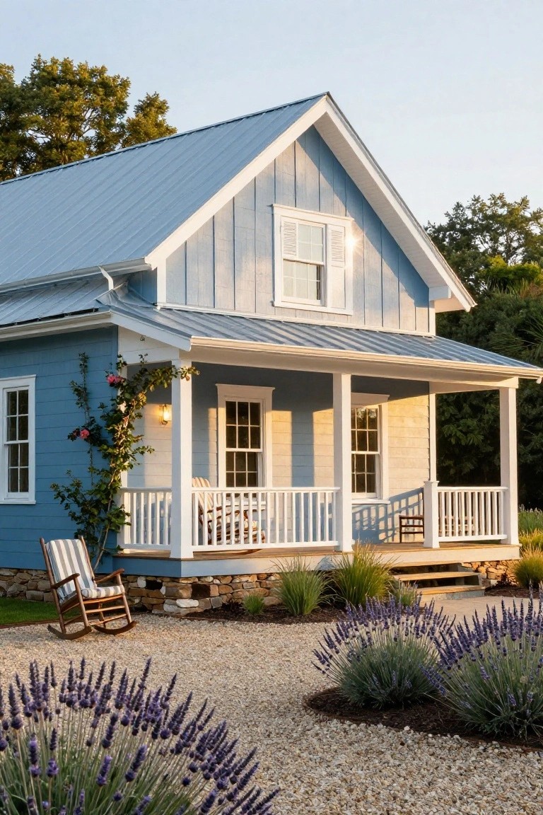 Light blue vertical board siding house with white trim, gabled metal roof, covered front porch with rocking chairs and railing, climbing roses, lavender plants, and gravel yard.