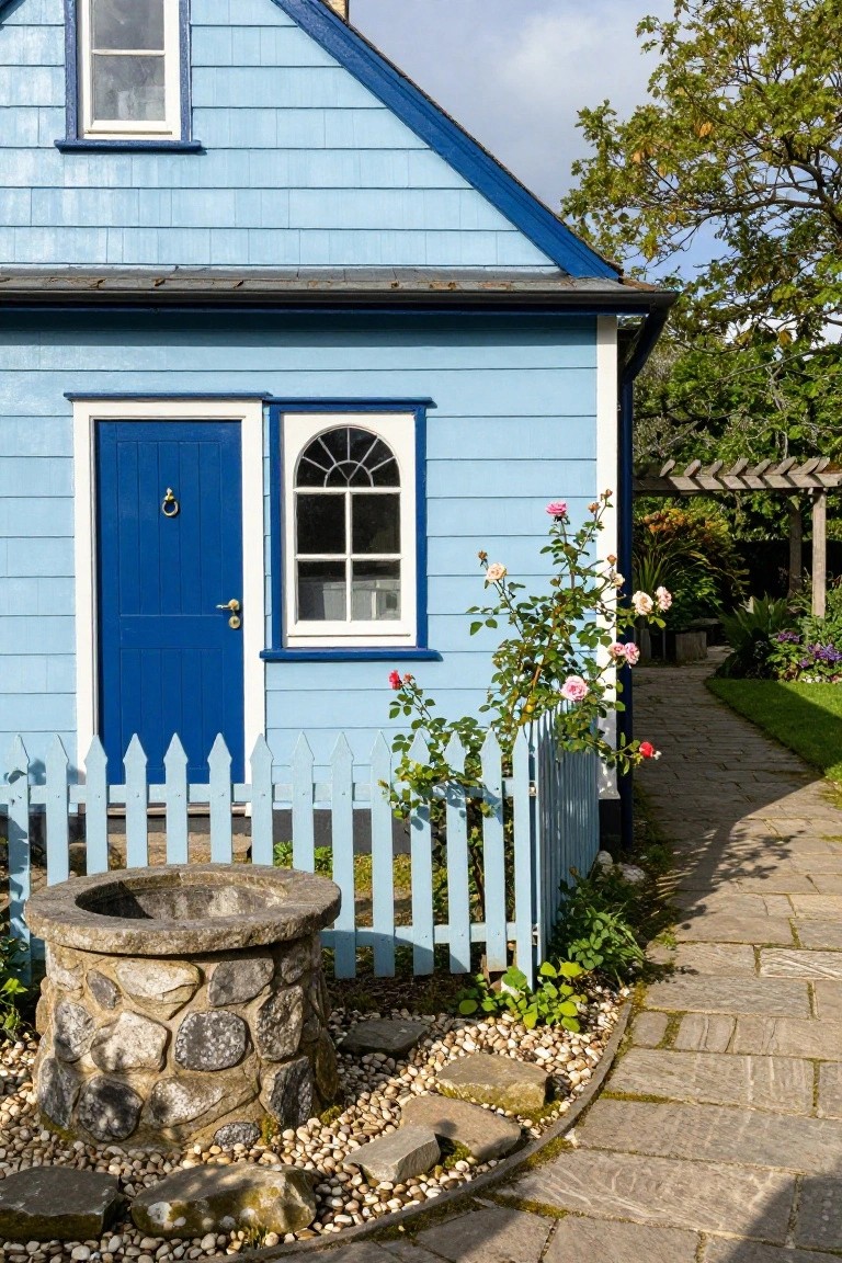 Light blue clapboard house exterior with navy blue front door, white arched window, white picket fence, stone well, climbing roses, and stone path leading away.