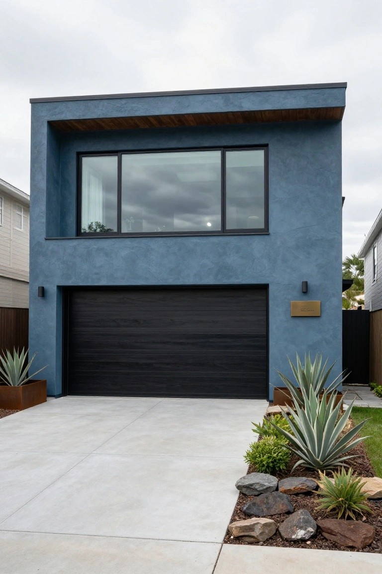 Modern two-story house with blue textured exterior walls, large black-framed upper window, dark timber garage door, and driveway edged with agave plants, rocks, and mulch.