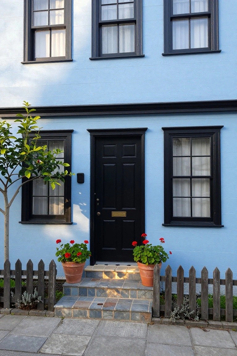 Light blue house exterior with black-framed windows, black front door, red geraniums in terracotta pots beside tiled steps, small wooden picket fence, and young citrus tree.