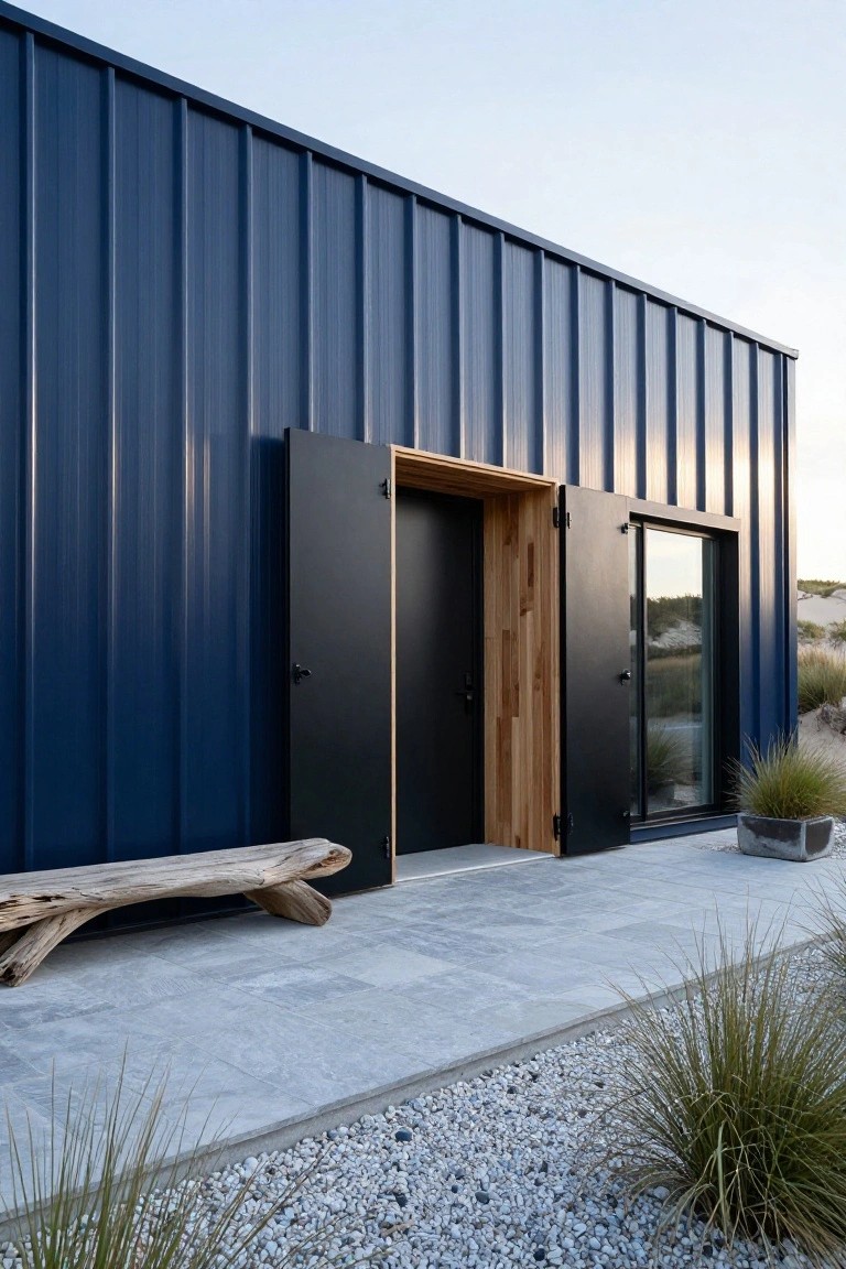 Blue corrugated metal house exterior with open black folding shutters and door at the entry, flanked by a wooden bench on a gray tiled patio amid grasses and gravel.