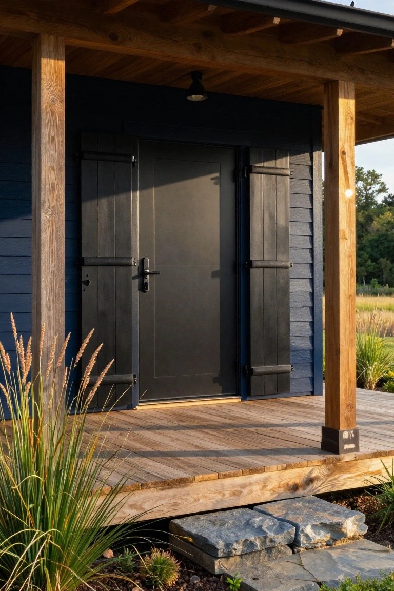 Navy blue house exterior with black front door, black shutters, wooden porch supported by timber posts, tall ornamental grasses, and stone steps at the entrance.