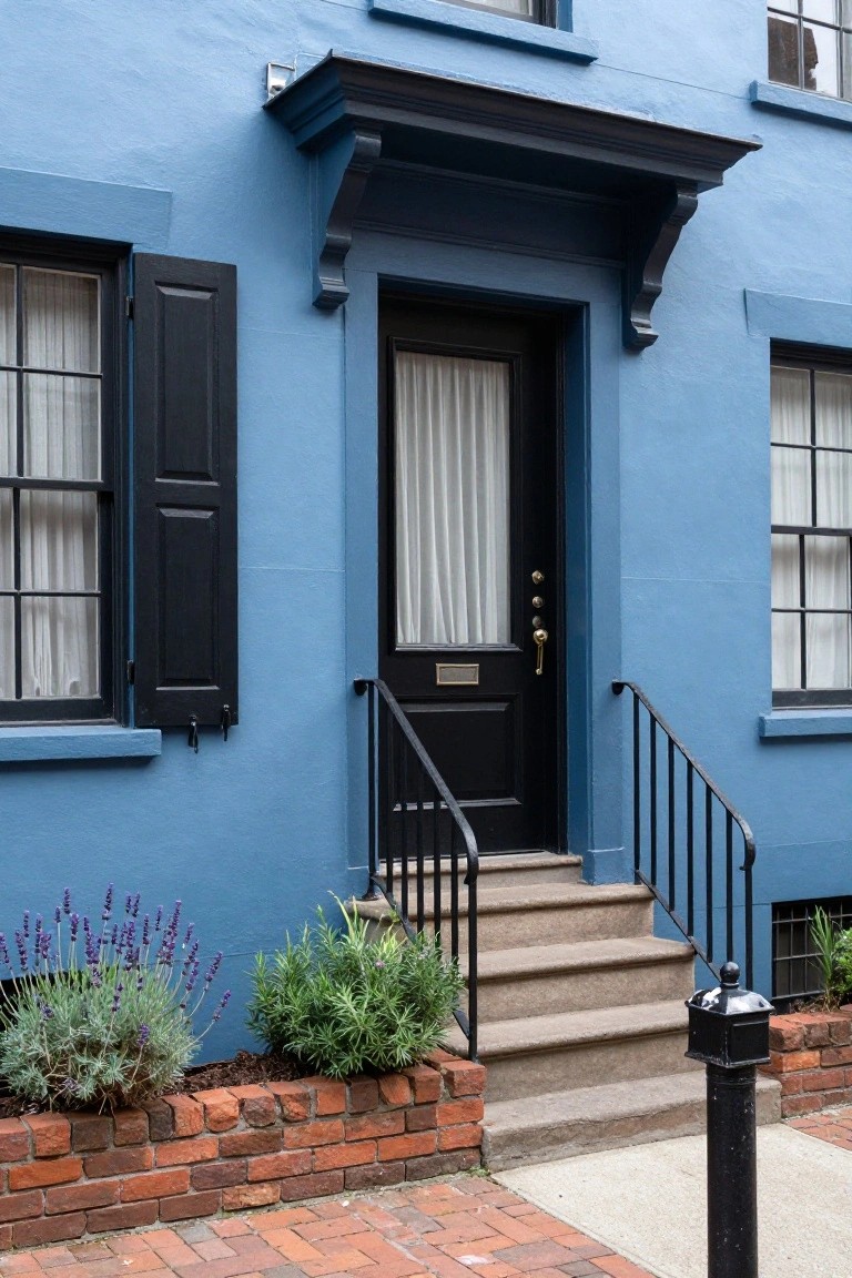 Blue clapboard rowhouse exterior featuring black shutters on the left window, black front door with sheer curtains and brass hardware, black iron railing on front steps, lavender and green shrubs in brick planters, and a black lamppost beside a brick sidewalk.