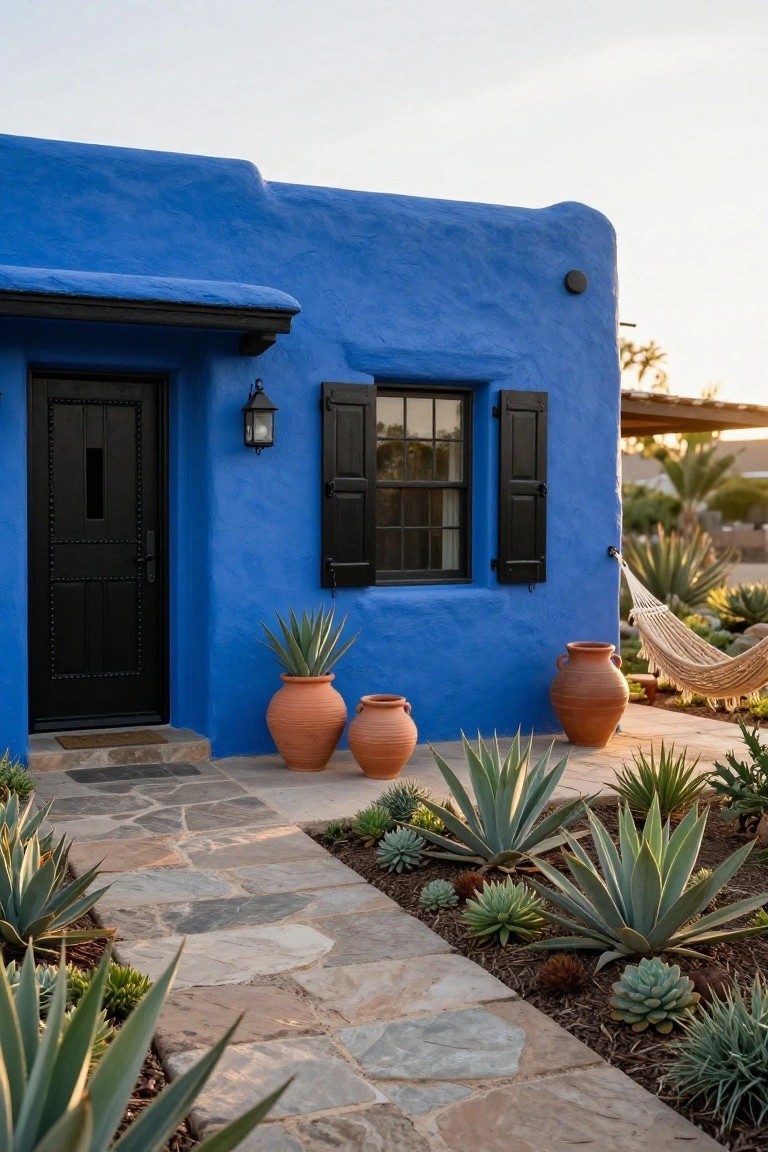 Vibrant blue stucco adobe house corner with black shutters on a window, black front door, wall lantern, large terracotta pots, agave plants, and stone pathway bordered by succulents at sunset.