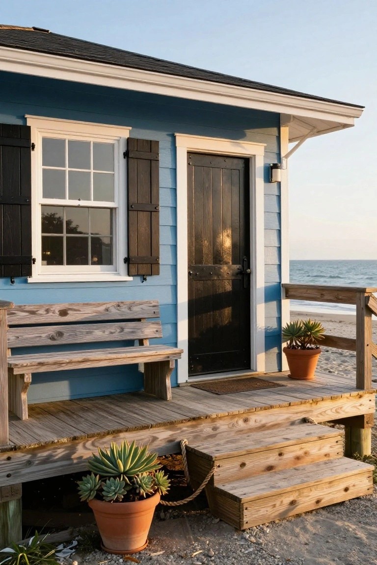 Blue clapboard beach cottage exterior with black shutters on the window, black wooden door, wooden porch bench, steps, railing, and potted plants near sand and ocean.