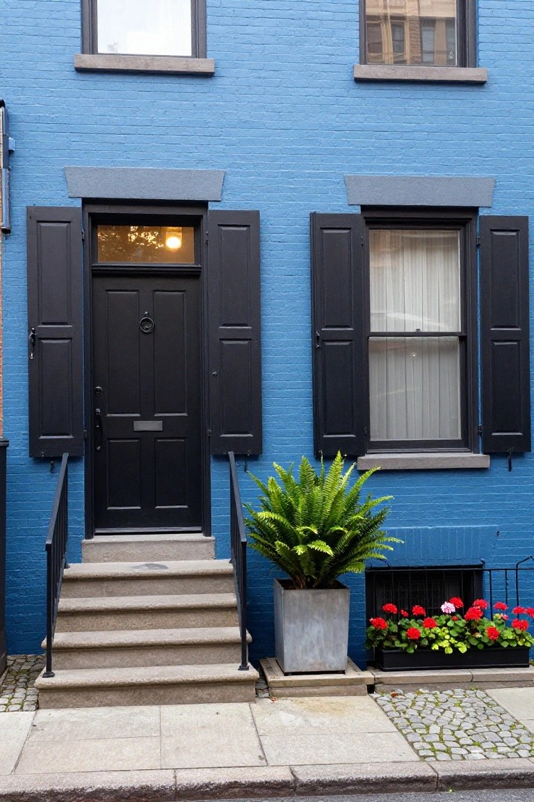 Blue Brick Facade with Black Shutters