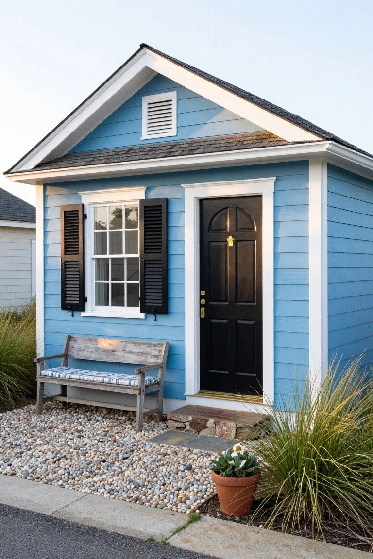Small blue clapboard house with gabled roof, black shutters on white-framed window, arched black front door with brass knocker, wooden bench with cushions, gravel ground cover, potted plant, and ornamental grasses in front yard.