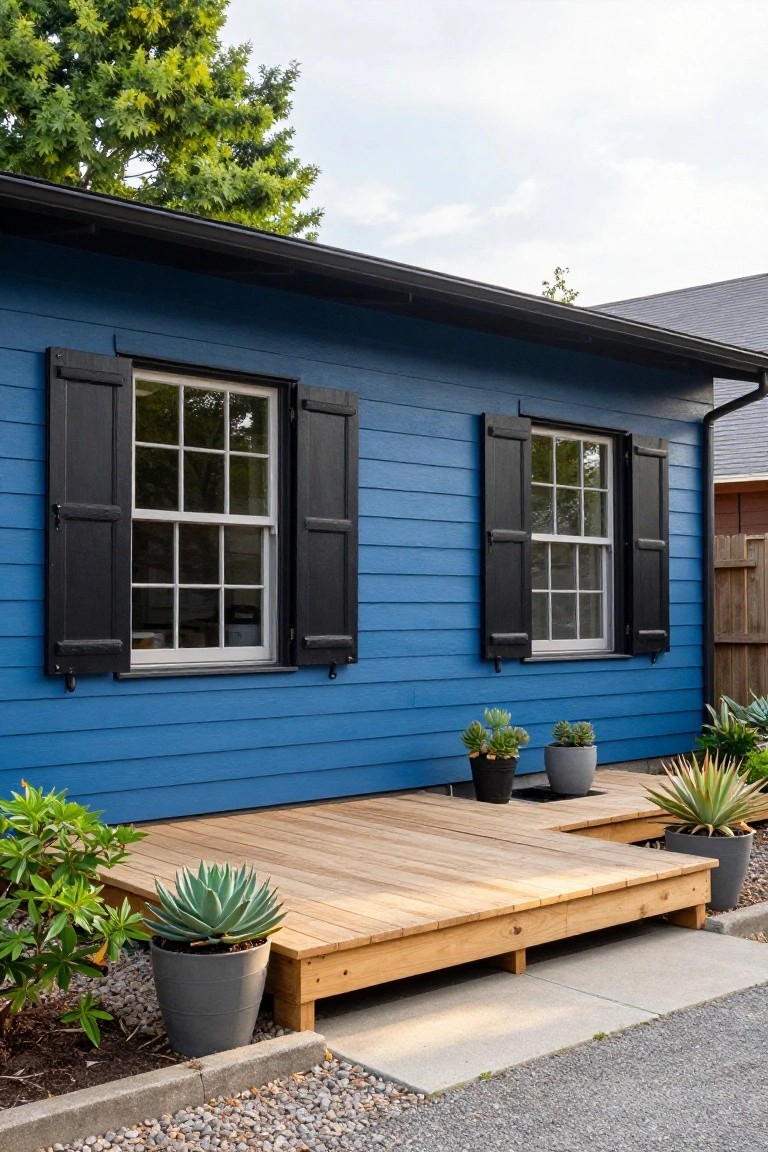 Blue clapboard house exterior with open black shutters on two six-over-six windows, wooden deck platform edged with potted succulents and agave plants, gravel ground cover, and partial fence visible.