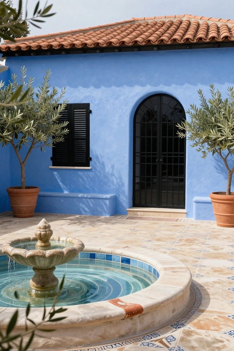 Bright blue stucco house exterior with black shutters on a window, arched black metal door, olive trees in terracotta pots, and a stone fountain in a tiled courtyard.