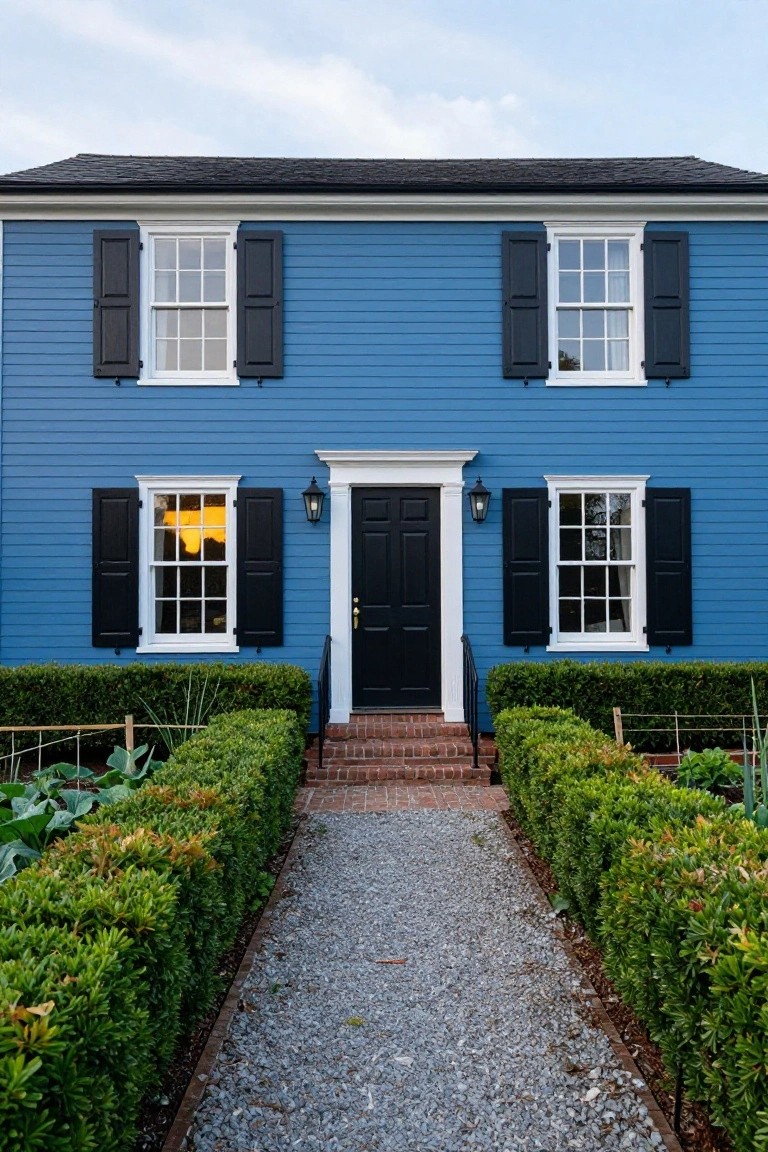 Two-story blue clapboard house with black shutters on white-trimmed windows, centered black front door, brick entry steps, and gravel path flanked by boxwood hedges.