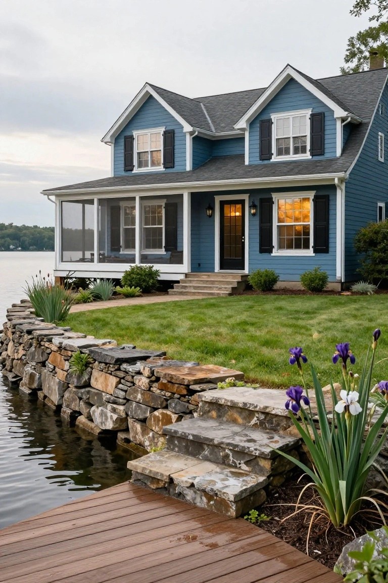 Blue clapboard house with black shutters, white trim, screened porch, black front door, stone retaining wall, grass lawn, iris flowers, and wooden dock beside a lake.