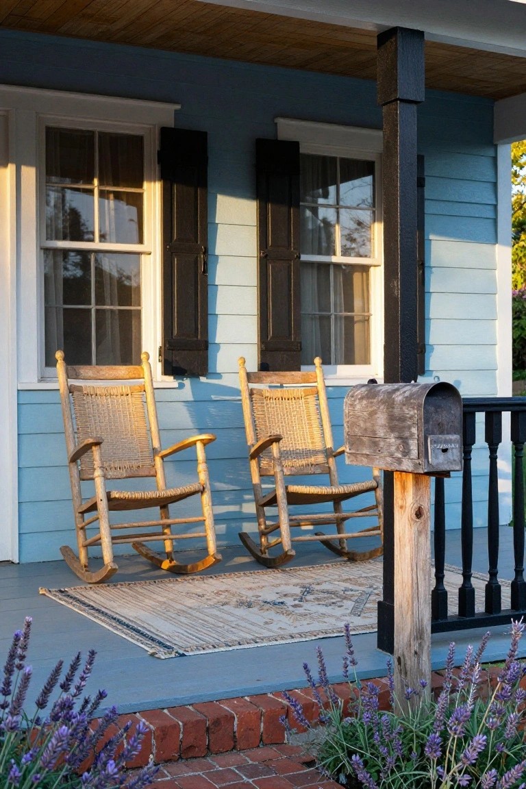 Front porch of a light blue house with black shutters, two wicker rocking chairs on a patterned rug, rusty mailbox on post, and purple lavender plants in front.