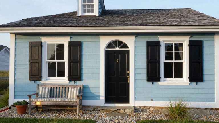 Small blue clapboard house with gabled roof, black shutters on white-framed window, arched black front door with brass knocker, wooden bench with cushions, gravel ground cover, potted plant, and ornamental grasses in front yard.