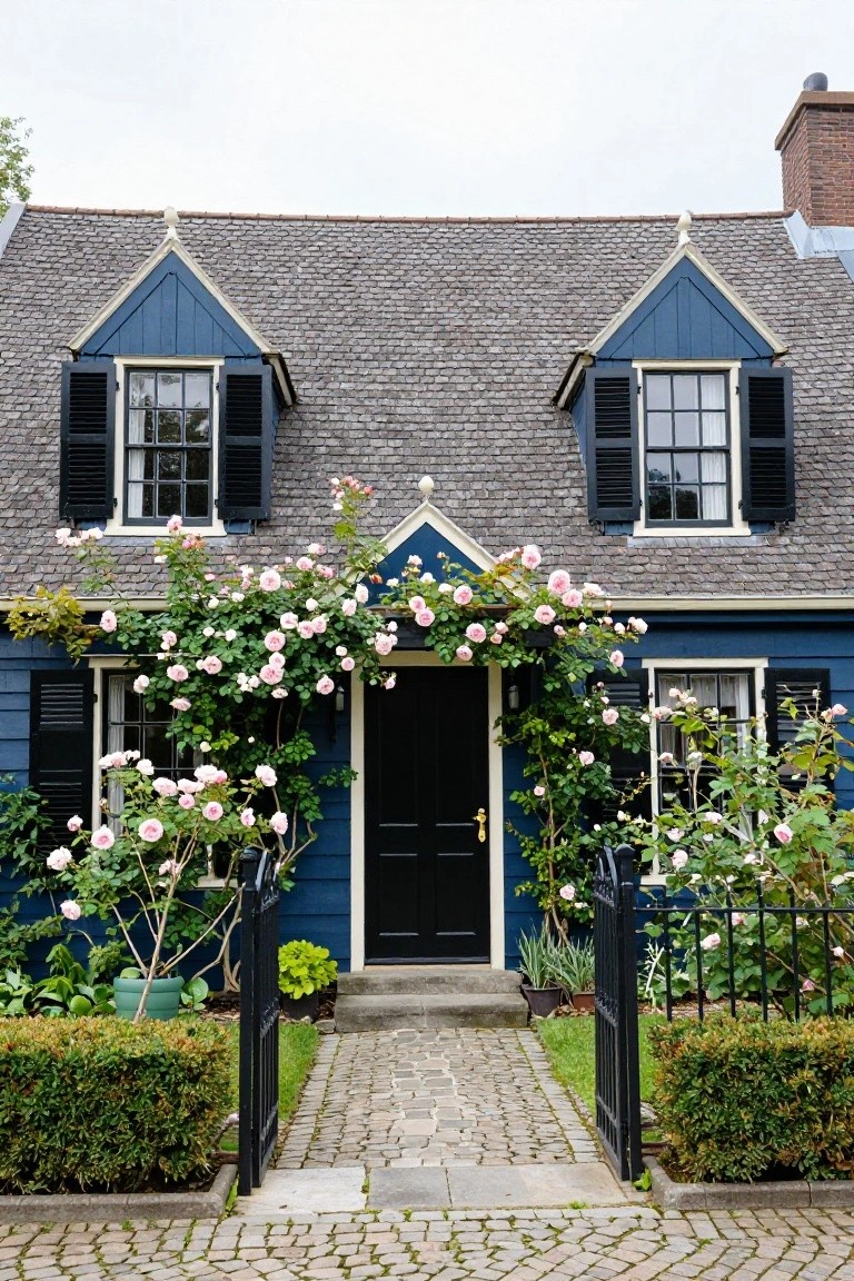 Navy blue clapboard house with gabled roof, black shutters on multipane windows, black front door with brass knob, pink climbing roses arching over the entryway, open black iron gate on cobblestone path, flanked by boxwood hedges and potted plants.