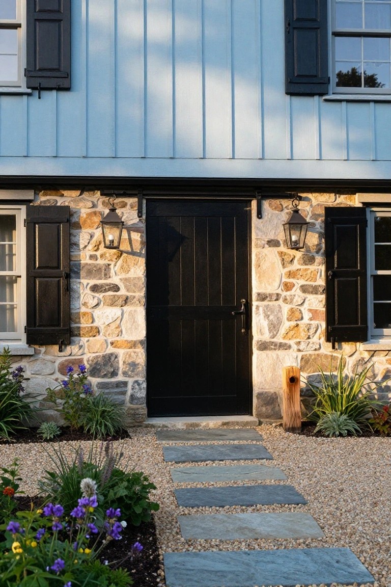 Blue clapboard house exterior with black shutters on windows flanking a black front door in a stone surround, lit by black lanterns, stone pathway leading through gravel to plant beds.