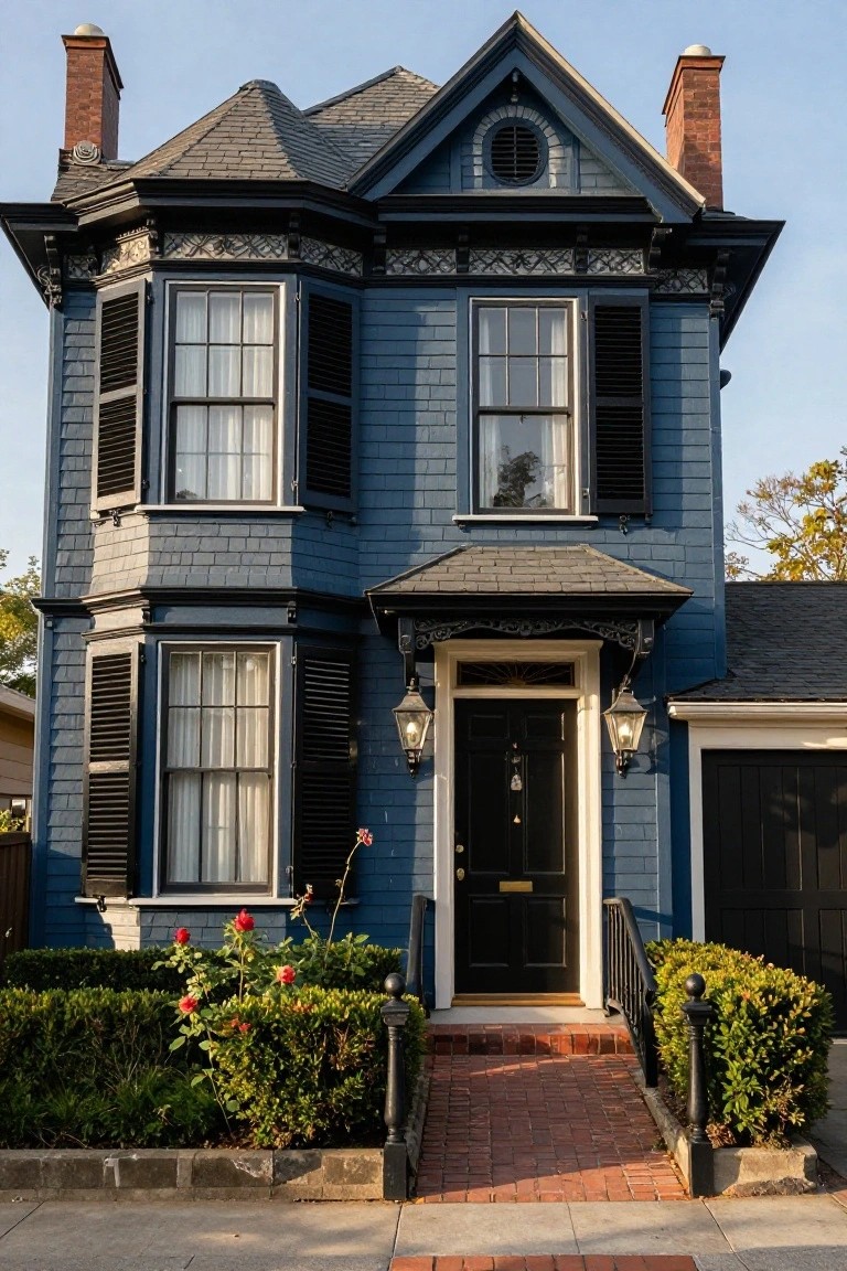 A two-story dark blue Victorian house with black shutters on bay windows, a covered front porch with black door and lanterns, red rose bushes, boxwood hedges, and a brick pathway.