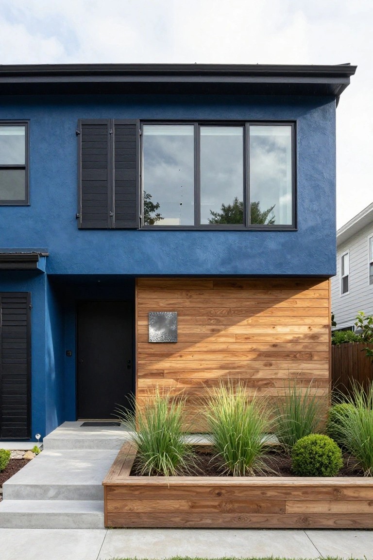 Blue stucco house exterior with black shutters on windows, wooden vertical paneling at the black front door entrance, wood-framed planting bed with grasses and shrubs, and concrete steps.