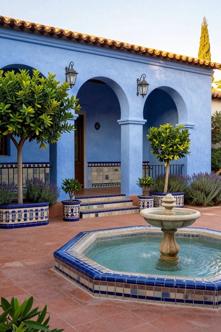 Blue stucco house exterior with terracotta tile roof, arched portico entry, potted plants and lavender in blue tiled pots, and central octagonal blue-tiled fountain on terracotta patio.