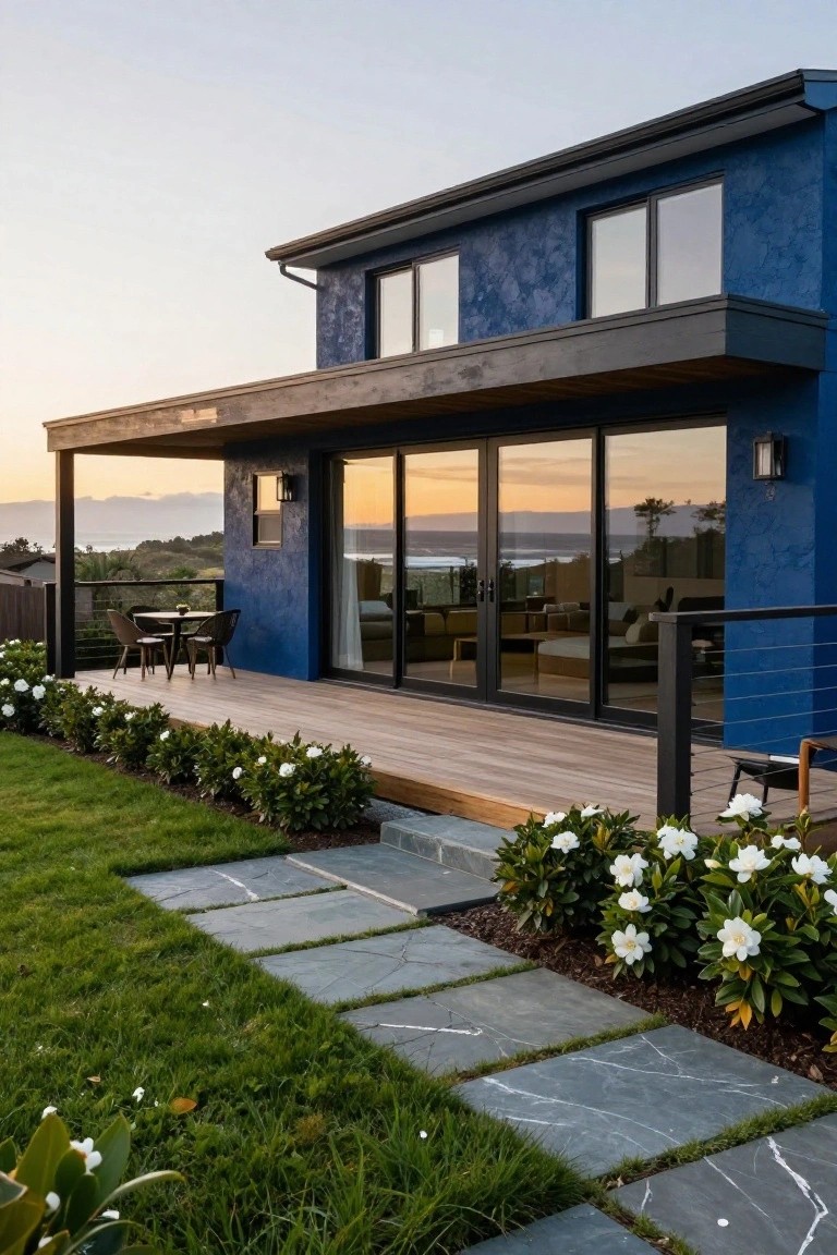 Modern blue stucco house exterior with wooden deck featuring dining table and chairs, large glass sliding doors, cable railings, white flowering shrubs bordering the deck and slate stone path leading through green lawn at sunset.