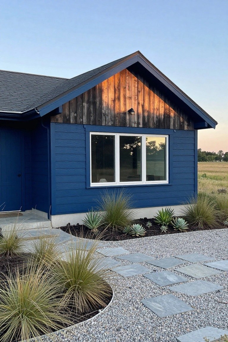 Side view of a blue clapboard house with dark weathered wood gable, large white-framed window, blue door, stone steps, gravel path, and drought-tolerant plants including grasses and succulents.
