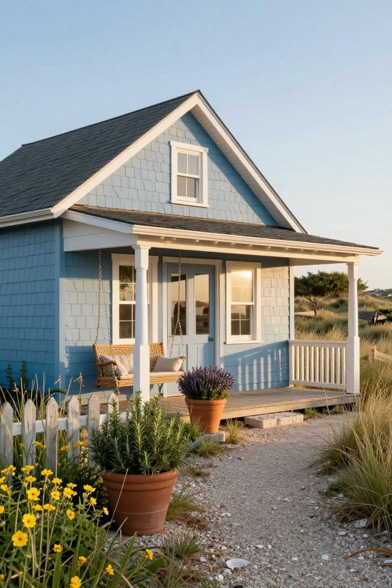 Small blue shingled cottage with gabled roof, white-trimmed front porch featuring wicker swing and potted plants, white picket fence, gravel path, and dune grasses nearby.