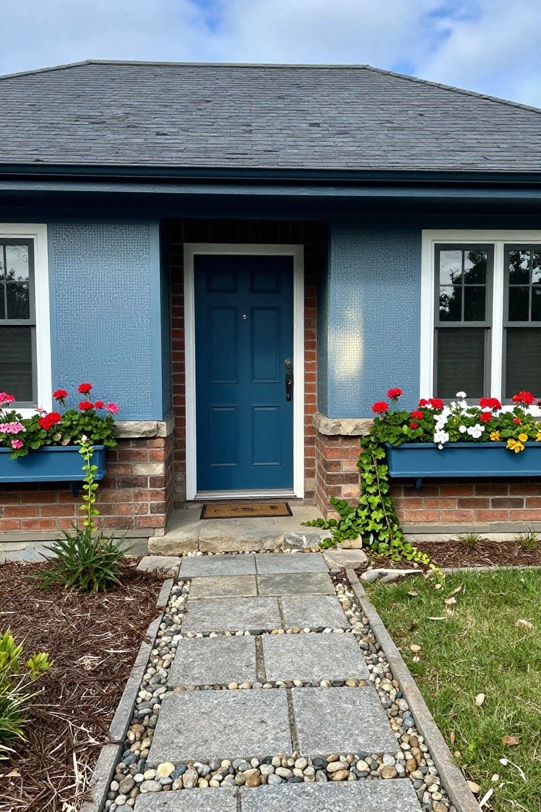 Front exterior of a two-story blue house with slate roof, navy blue front door, white-trimmed windows, blue window boxes containing red geraniums, white flowers, and ivy on brick bases, and a stone slab pathway with pebble borders leading to the entry.