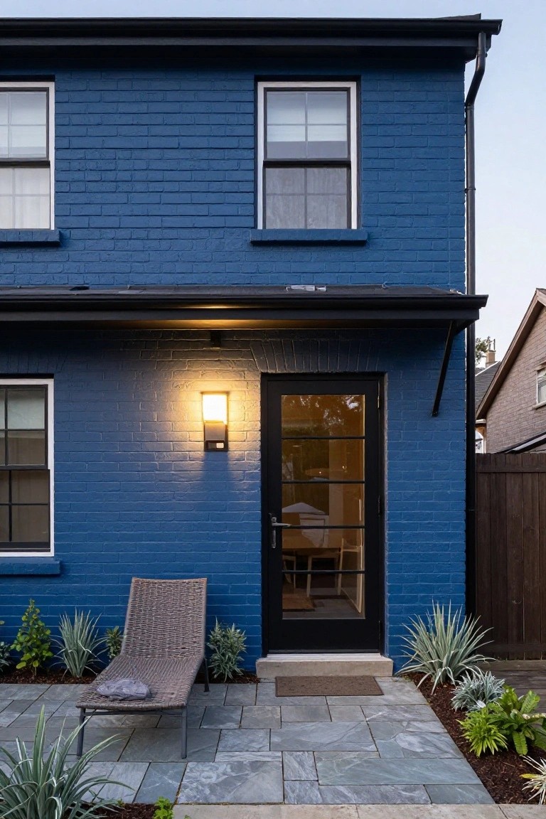 Side exterior of a navy blue brick house with black-framed glass entry door lit by a wall sconce, adjacent to a wooden fence, slate tile patio, lounge chair, and agave plants.
