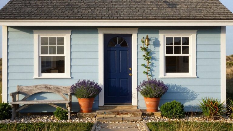 16 Blue House Exterior With Landscaping That Completes the Look Light blue shingle house exterior showing a navy blue arched front door flanked by potted lavender plants and a driftwood bench on a wooden porch, with a stone pathway leading up.