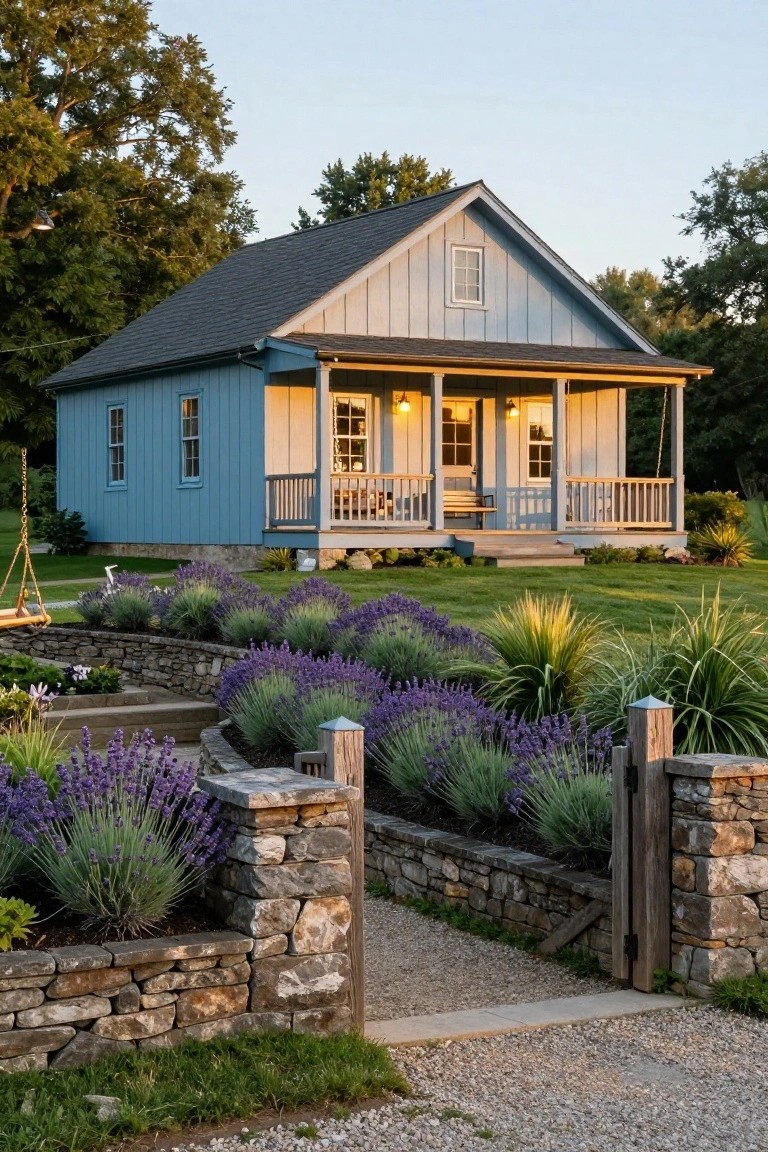 A light blue clapboard house with gabled roof, covered front porch, hanging swing, and lanterns, approached via gravel path bordered by stone retaining walls planted with lavender and grasses.