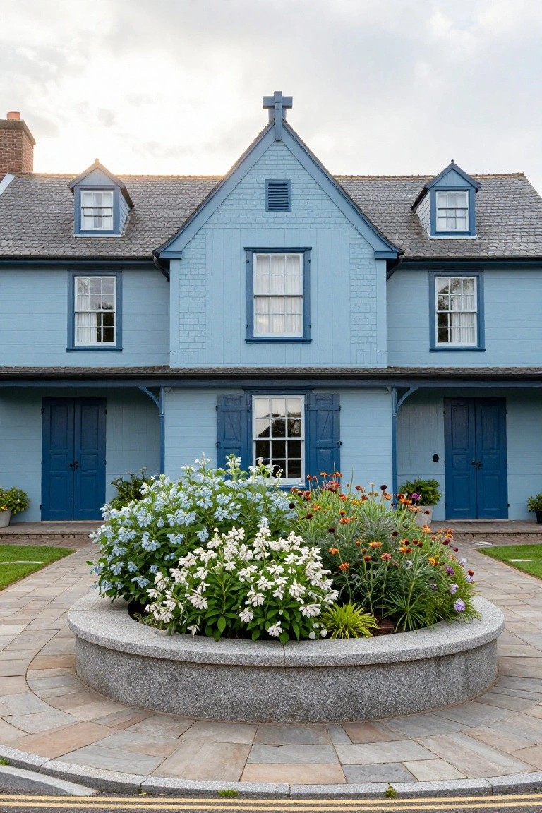 Light blue clapboard house with steep gabled roof topped by a cross, multiple white-trimmed sash windows, two sets of navy blue double doors under a covered porch, and a circular granite planter bed overflowing with blue hydrangeas, white flowers, orange daisies, and grasses on a paved pathway.