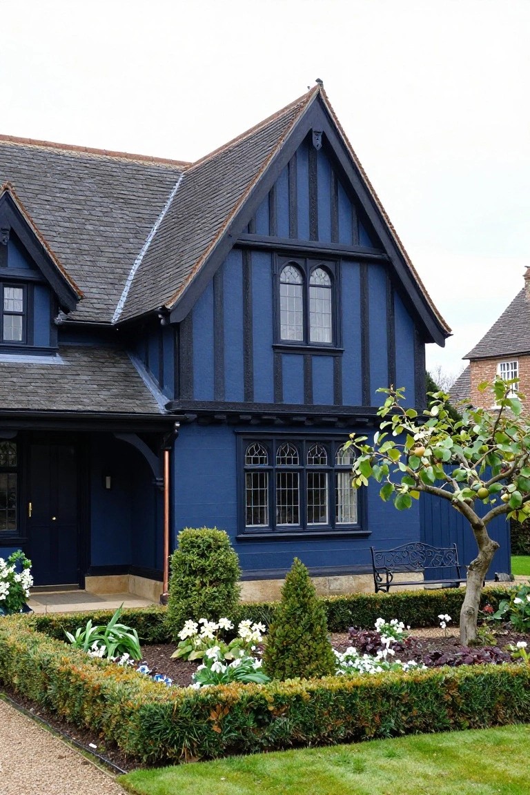 Navy blue half-timbered house with black wooden beams, slate roof, multipaned windows, copper downspout, front porch with dark door, and front garden of boxwood hedges, white flowers, small trees, and a black metal bench.